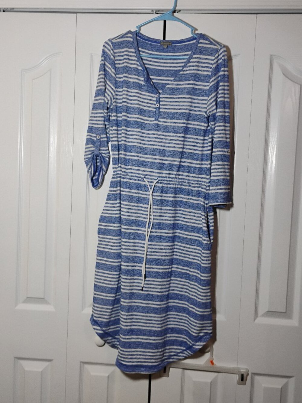 T by Talbots Striped Drawstring Midi Dress Blue White Roll Tab Sleeve Pockets